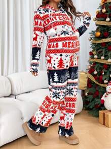 SHEIN SHEIN Maternity Christmas Pregnant Women's Winter Snowflake & Deer Print Hooded Long Sleeve Jumpsuit