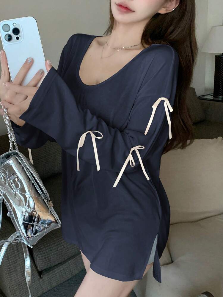 Ladies Long Sleeve T-Shirt With Bow Decor,Fall Clothes