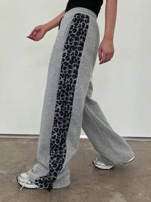 DAZY Women's Leopard Print Patchwork Straight Leg High Waist Sweatpants,Back To School Clothes Women Joggers - Grey - View 1