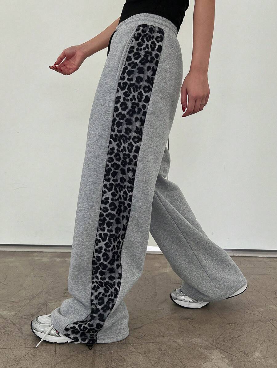 DAZY Women's Leopard Print Patchwork Straight Leg High Waist Sweatpants,Back To School Clothes Women Joggers - Grey - View 1
