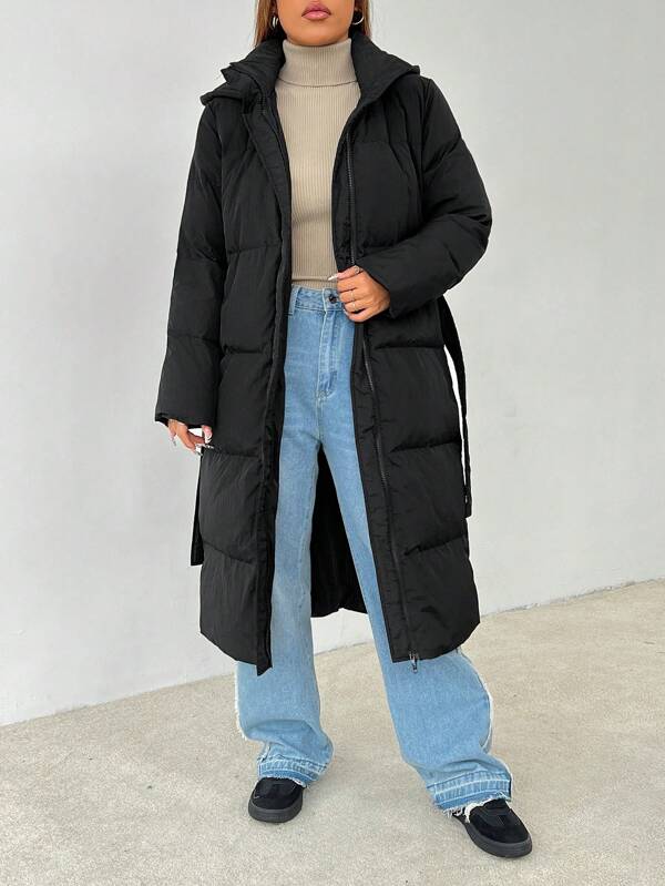 SHEIN PETITE Doudoune longue à capuche de couleur unie noire avec plumes et duvet