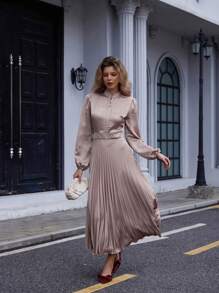 EMERY ROSE 时尚百搭缎面闪亮收腰百褶领连衣裙 - 粉色 - 查看 4