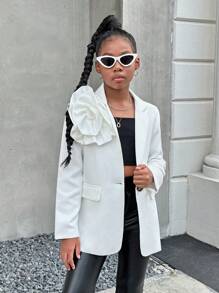 SHEIN Tween Girl 休闲纯色面料花卉贴花长袖开衫，秋冬款 - 白色 - 查看 1