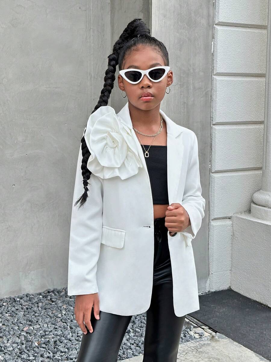 SHEIN Tween Girl 休闲纯色面料花卉贴花长袖开衫，秋冬款 - 白色 - 查看 1