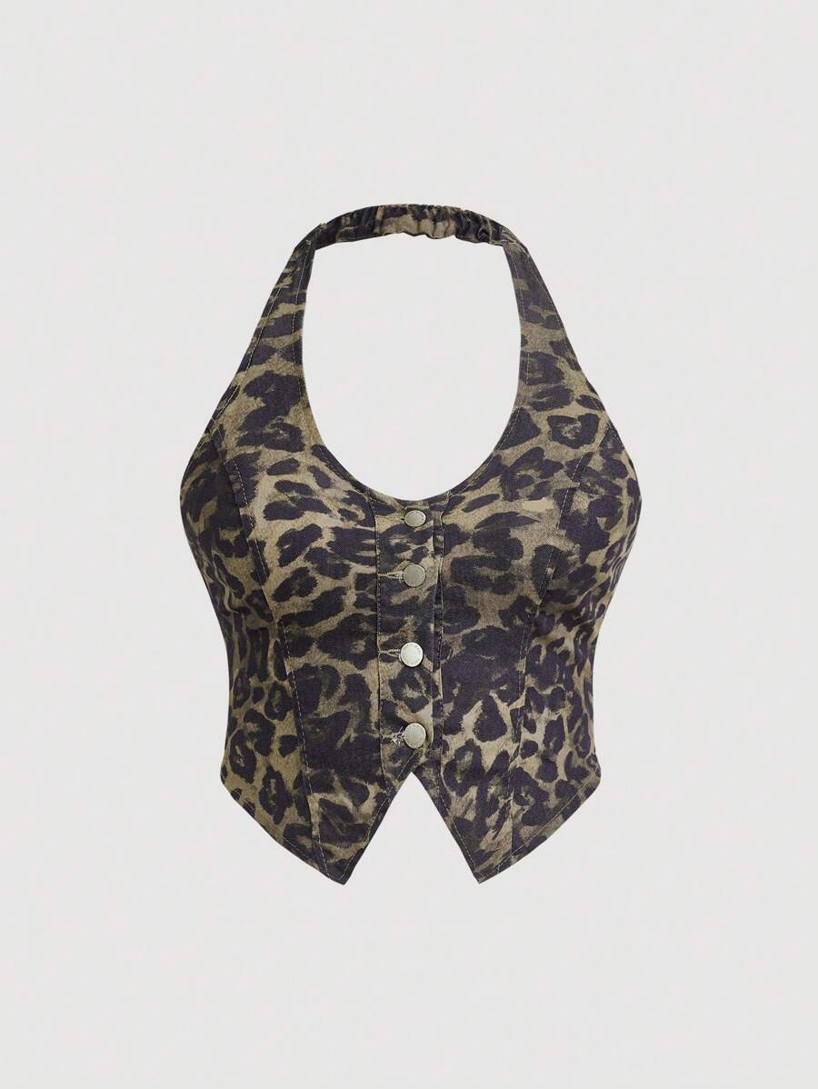 SHEIN ICON Plus Size Denim Spaghetti Strap Tank Top, Cropped Leopard Print, Streetwear - Multicolor - View 1