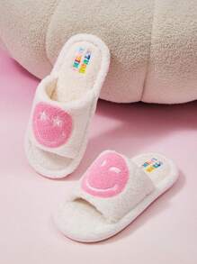 SmileyWorld® | SHEIN Cartoon Face And Letter Pattern Open Toe Plush Slippers For Women Fall