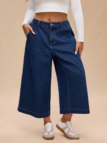 Forever 21 Plus Size Women's Wide Leg Cropped Denim Jeans - Blue - View 7