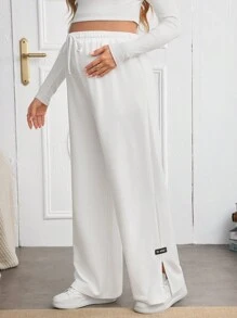 SHEIN Pantalon de survêtement à taille élastique avec détails patchés, fente fendue et large jambe pour la maternité - Blanc - Voir 5
