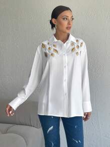 EURMUSE Golden Feather Glimmer Lapel Front Button Long Sleeve Blouse - White - View 7