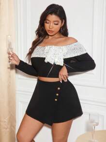SHEIN Frenchy Fashionable Simple Black 2 In 1 Plus Size Shorts, High Waist, Suitable For Party, Commuting, Office And Other Occasions, Pair With Long Jacket And Boots - Black - View 3