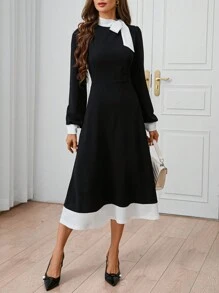 SHEIN Clasi Women's Urban Elegance Daytime Social Black&White Contrasting Collar Tie Waist A-Line Dress