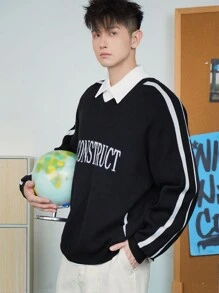 DAZY Men's Casual Colorblock Letter Pattern Knit Sweater, Autumn - Black - View 3