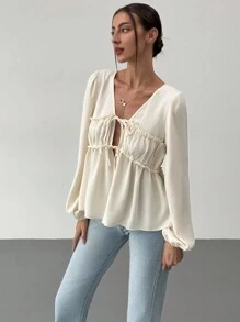 Aloruh Romantic Date V-Neck Tie-Up Ruched Flare Sleeve Loose Blouse For Women,Long Sleeve Tops