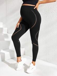 SHEIN Pregnant Women Solid Color Hollow Out High Waist Casual Fitness Sports Pants, For Maternity - Black - View 1