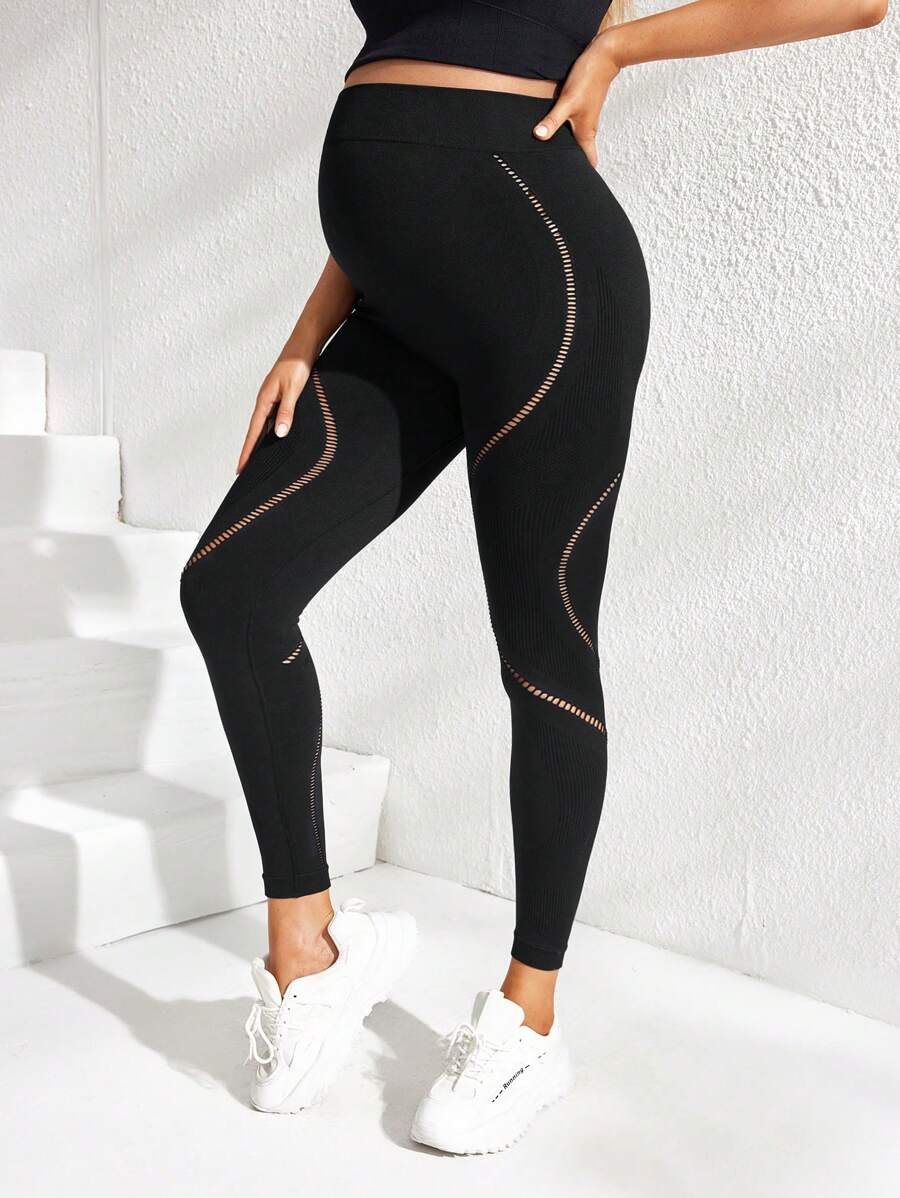 SHEIN Pregnant Women Solid Color Hollow Out High Waist Casual Fitness Sports Pants, For Maternity - Black - View 1