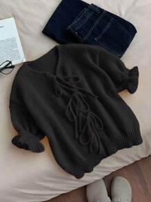 INAWLY Women's Solid Color Tie Sleeve Sweater, Knit Pullover Fall Winter - Black - View 3