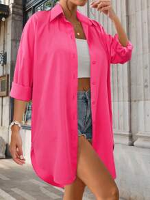 Women's Solid Color Dropped Shoulder Loose Blouse - Pink - View 1