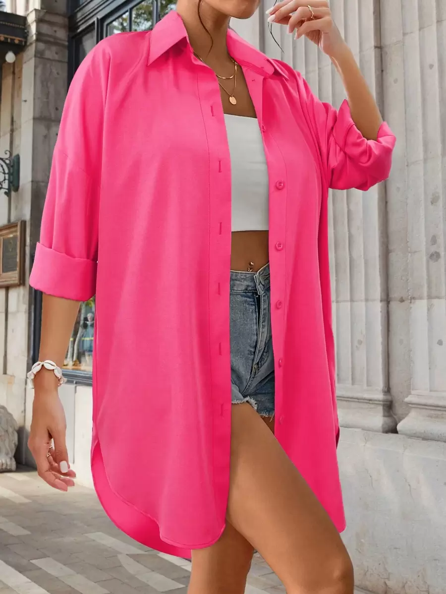 Women's Solid Color Dropped Shoulder Loose Blouse - Pink - View 1