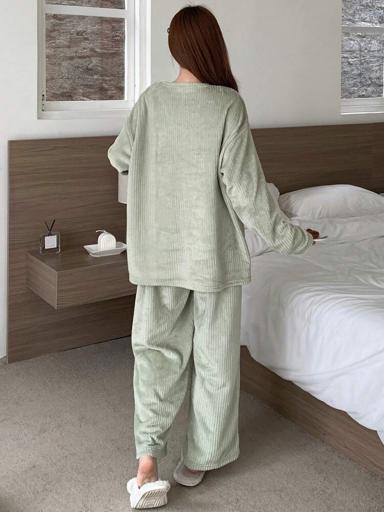 Striped Flannel Thickened Cute Expression Decor Loose Fluffy Pajama Set, Thermal Lined Fall, Winter Clothes, Cozy