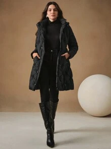 Anewsta Women's Long Black Jacket With Detachable Hood, Embellished With Sequin - Black - View 3