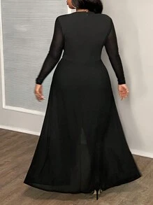 Slaydiva Plus Size Elegant Solid Black V-Neck Sequin Mesh Splice Long Sleeve Jumpsuit