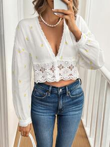 SHEIN Frenchy Women 100% Cotton Lace Blouses, Fall Blouses, Lemon Print, Embroidery, Winter Women Clothes, White Long Sleeve Blouses, Fall Women Outfits, Homecoming, Ladies' White Lace Long Sleeve Tie Waist Shirt Teacher Clothes Fall Women Clothes Vacation Flower Casual - White - View 5