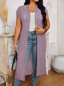 Calvaya Áo len cardigan dài tay ngắn màu trơn hở cánh dơi cho nữ mùa xuân thu cỡ lớn - Bụi tím - Xem 1