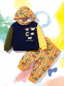 Nick 90s X SHEIN Tuta da 2 pezzi composta da felpa con cappuccio e pantaloni garzati a blocchi di colore con grafica di dinosauro per bambini maschi
