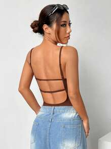 SHEIN EZwear 1pc Sexy Brown Backless Bodysuit For Summer