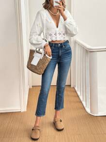 SHEIN Frenchy Women 100% Cotton Lace Blouses, Fall Blouses, Lemon Print, Embroidery, Winter Women Clothes, White Long Sleeve Blouses, Fall Women Outfits, Homecoming, Ladies' White Lace Long Sleeve Tie Waist Shirt Teacher Clothes Fall Women Clothes Vacation Flower Casual - White - View 6