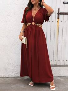Vionelle Plus Size Women's Vacation Deep V Neck Ruffle Short Sleeve Side Cutout Dress Burgundy Women Outfit Wedding Guest Vacation Summer Sexy Elegant - Burgundy - View 6