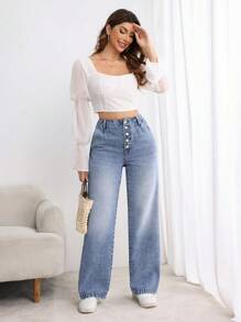 SHEIN Essnce Quần Jeans Ống Thẳng Đơn Giản Cài Nút Phía Trước, Mặc Hàng Ngày Thường Ngày - Rửa trung bình - Xem 6