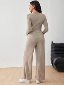 SHEIN Maternity Women Ribbed Hollow Out Crop Top And Pants 2 Pieces Set, Spring/Autumn - Apricot - View 2