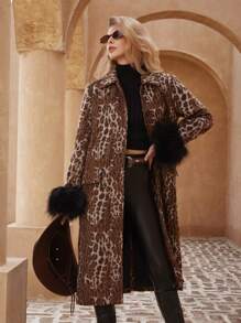 EMERY ROSE Áo khoác tay dài họa tiết báo lông xù thu đông cho nữ kèm thắt lưng - Nhiều màu - Xem 4