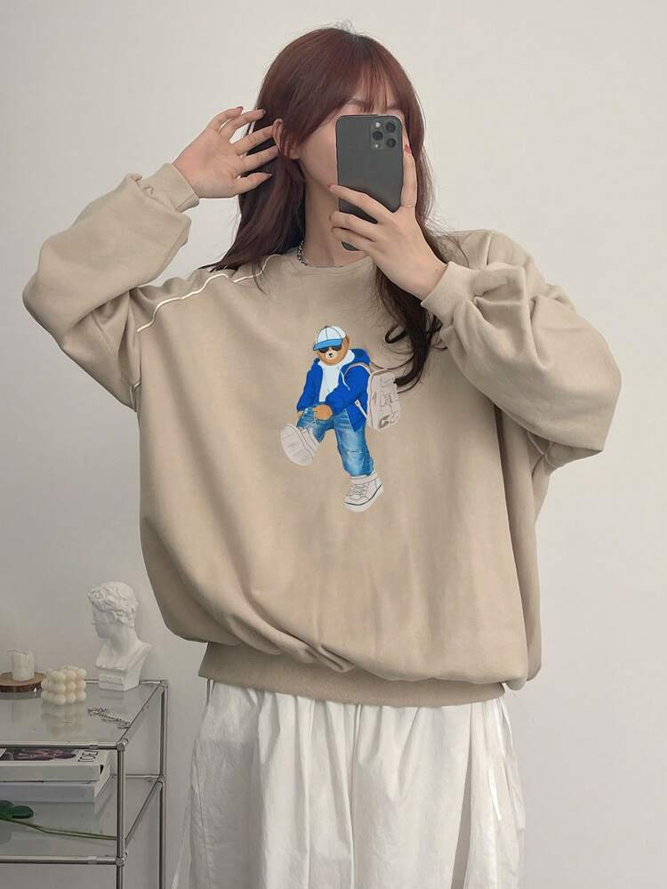 Women's Casual Loose Cartoon Bear Print Raglan Sleeve Sweatshirt, Autumn/Winter,Fall Women Clothes