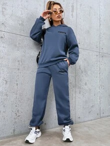 Cottnline Letter Printed Long Sleeve Hoodie And Sweatpants Set - Blue - View 5