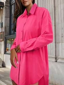 Women's Solid Color Dropped Shoulder Loose Blouse - Pink - View 3