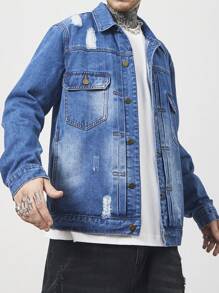 Manfinity EMRG Men's Casual Ripped Denim Jacket For Spring & Autumn - Blue - View 4