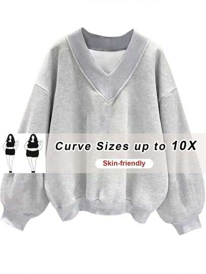 SHEIN CURVE+ بلوزة رياضية رمادية بياقة V مقاس كبير، خريف/شتاء