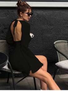 INAWLY Women's Solid Color Asymmetric Collar Long Sleeve Sweater Dress - Black - View 4