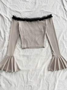 Soleia Holiday Ladies Autumn Apricot Off Shoulder Splicing Lace Cuffs Trumpet Splicing Front Center Tie Bow Cut Cute Top Off Shoulder Long Sleeve - Apricot - View 2