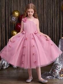 SHEIN Tween Girls Party Dress Ethereal Mori Style Petal Design Princess Dress, Girls Dance Stage Performance Host Long Gown Suitable For Halloween, Christmas, Easter And Other Holidays - Pink - View 4