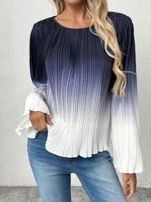Allurite Women's Elegant Ombre Pleated Flare Sleeve Blouse, Spring Autumn