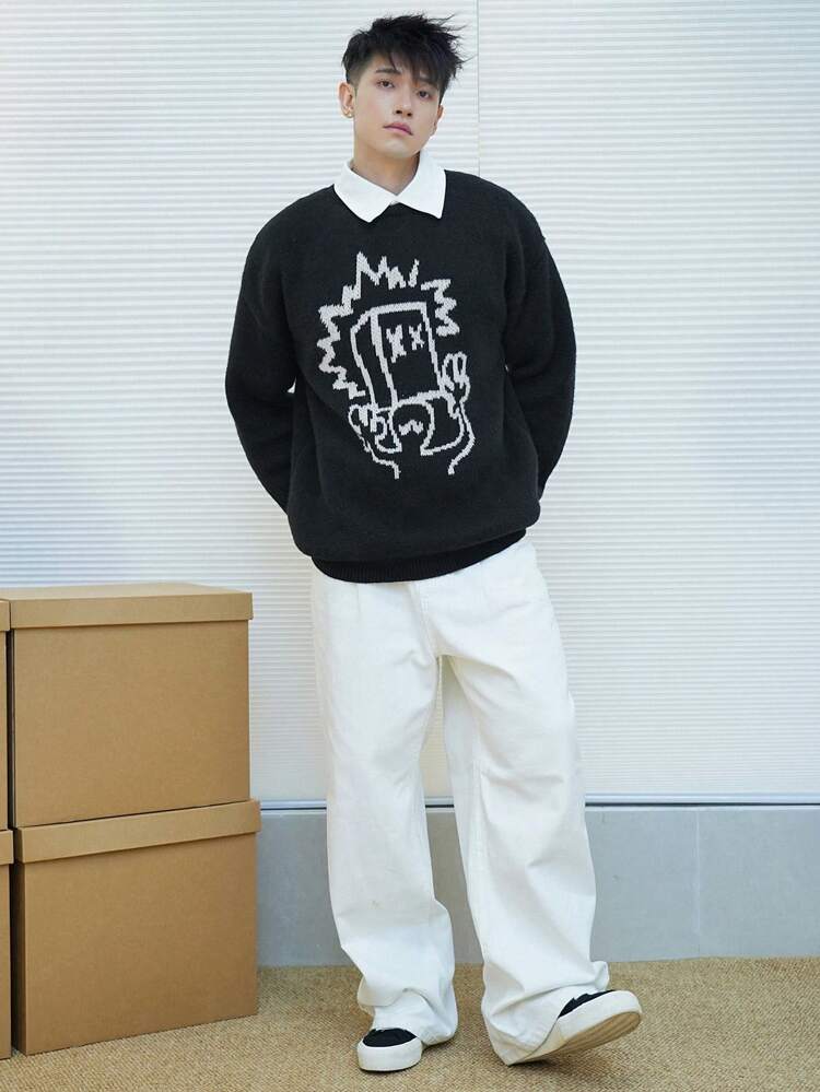 Men's Cartoon Print Long Sleeve Pullover Sweater, Autumn