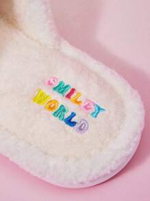 SmileyWorld® | SHEIN Cartoon Face And Letter Pattern Open Toe Plush Slippers For Women Fall