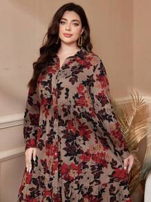 Al Najma Vestido de manga larga con un solo pecho y estampado botánico para mujer de talla grande, ropa árabe, casual, modesta para uso diario casual/viajes/vacaciones/uso en casa, vestido largo de talla grande para uso árabe