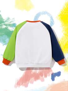 Nick 90s X SHEIN Sudadera informal de cuello redondo para niño con estampado de dinosaurio de dibujos animados y mangas raglán de color block