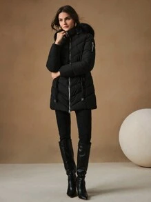 Anewsta Women's Mid-Length Minimalist Style Hooded Jacket - Black - View 3