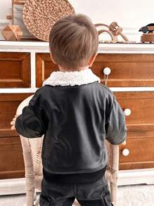 Baby Boy's Stylish Winter Jacket - Fashionable Black Faux Leather Outer With Thermal Lined, Long Sleeve Lapel Collar Open-Front Winter Coat, Cool Black, Streetwear Style