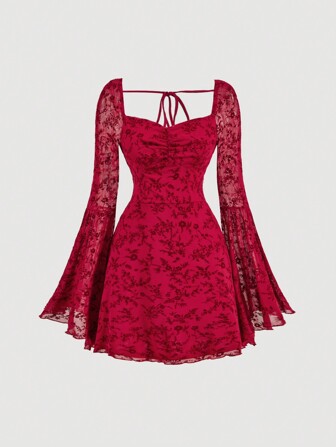 SHEIN MOD Women's Spring Autumn Elegant Floral Flocked Mesh Flared Sleeve Dress